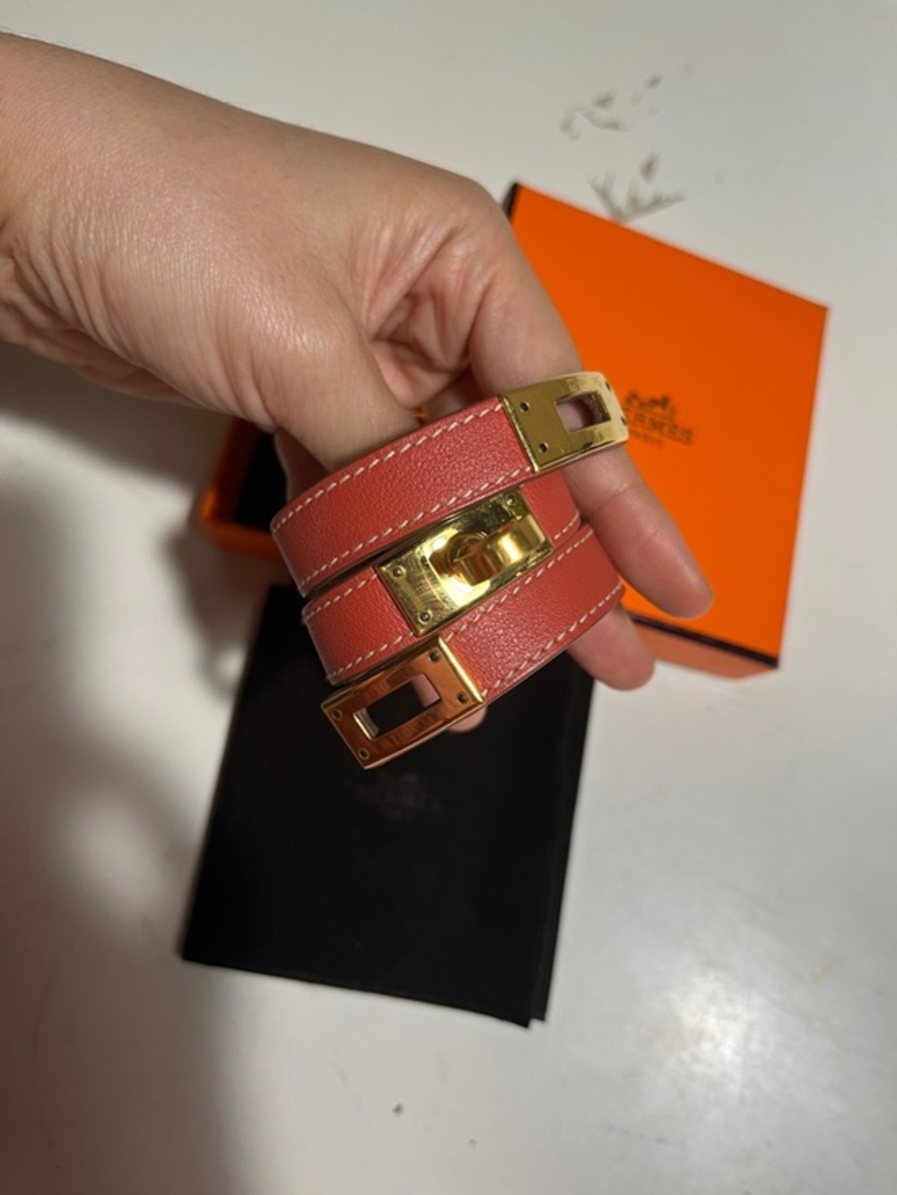 Hermes Coral Leather Double Tour Watch Bracelet with Gold Hardware